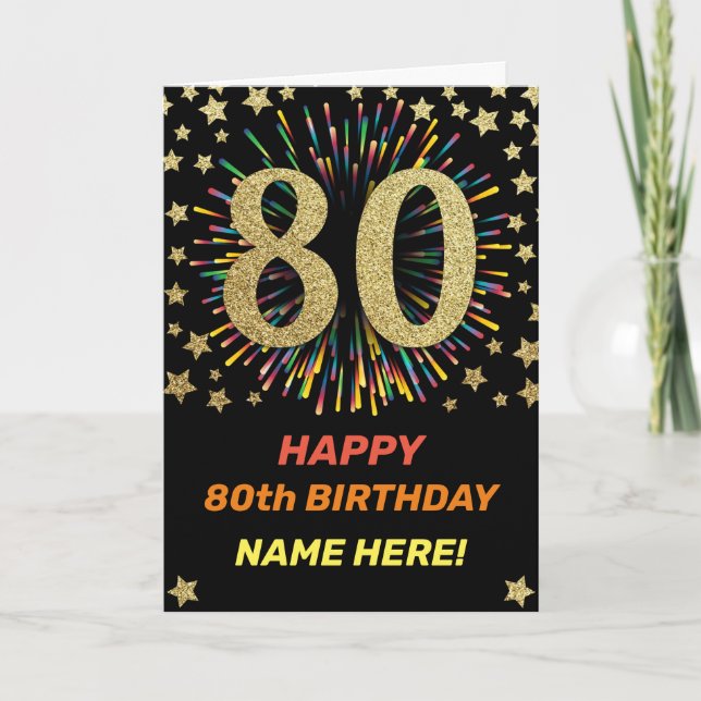 Fireworks 80th Birthday Colorful Rainbow Gold Card (Front)