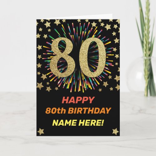 Fireworks 80th Birthday Colorful Rainbow Gold Card
