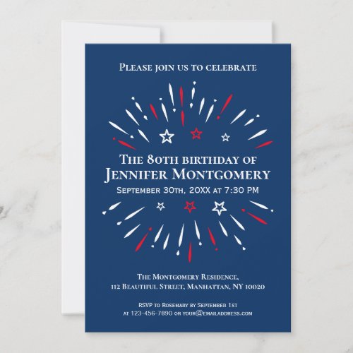 Fireworks 80th Birthday Party Red White Blue Invitation
