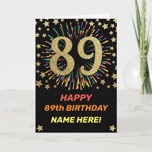 Fireworks 89th Birthday Colorful Rainbow Gold Card (Front)