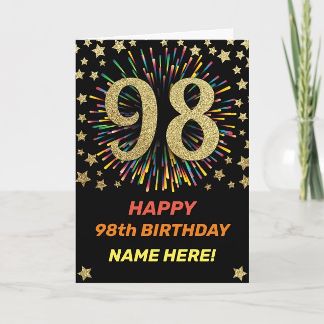 Fireworks 98th Birthday Colorful Rainbow Gold Card (Front)