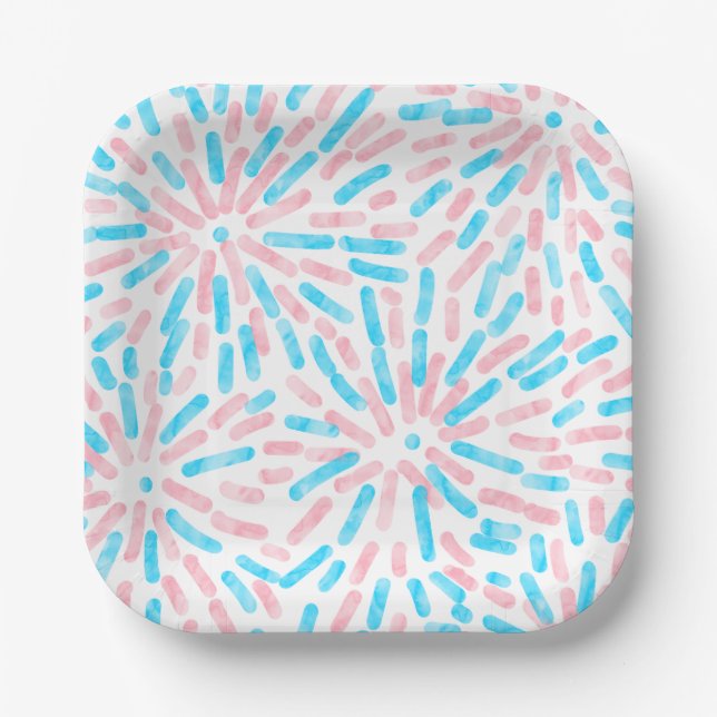 Fireworks Abstract Trans Pride Flag Pink Blue Paper Plates (Front)