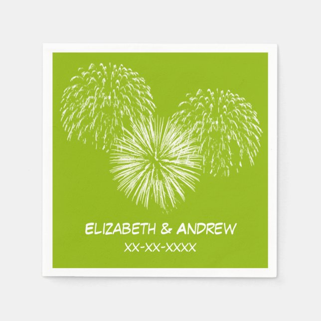 Fireworks, Apple Green Background, Name Monogram Paper Napkins (Front)