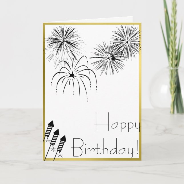 Fireworks Birthday Card - Gold, Fourth of July, (Front)