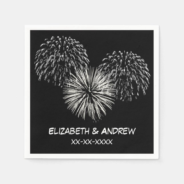 Fireworks, Black Background, Name Monogram Paper Napkins (Front)