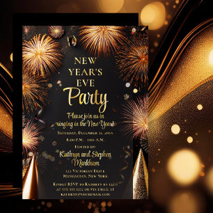 Fireworks Black Gold New Years Eve Party Foil Invitation