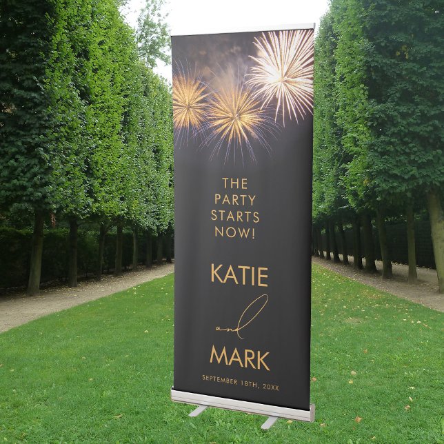 Fireworks Black Gold Party Starts Wedding Welcome Retractable Banner (Fireworks Black Gold Party Starts Wedding Welcome Retractable Banner)