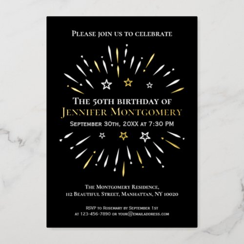 Fireworks Black White Gold 50th Birthday Party Foil Invitation