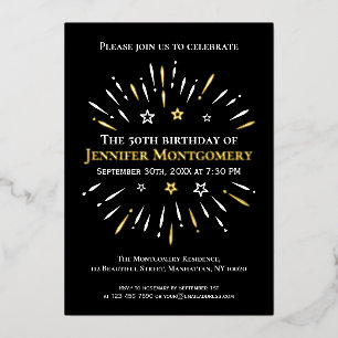 Fireworks Black White Gold 50th Birthday Party Foil Invitation