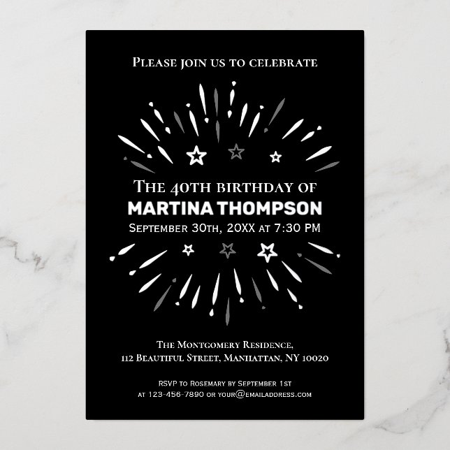 Fireworks Black White Gray 40th Birthday Party Foil Invitation (Front)