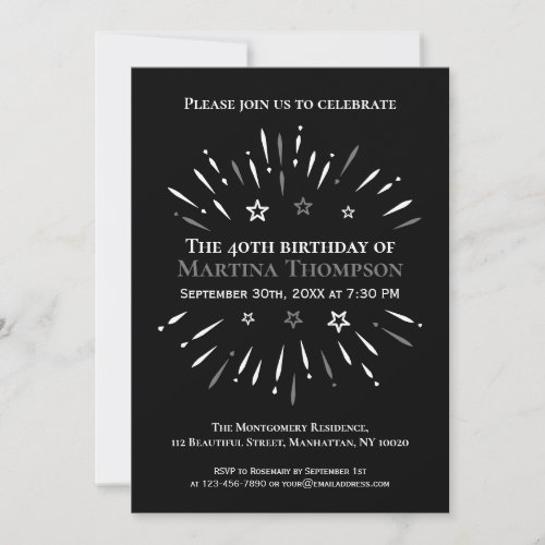 Fireworks Black White Gray 40th Birthday Party Invitation