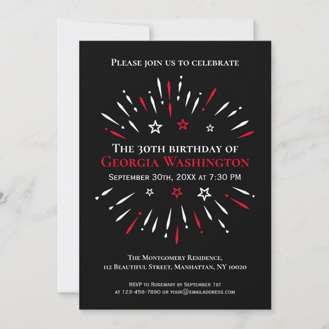 Fireworks Black White Red 30th Birthday Party Invitation (Front)