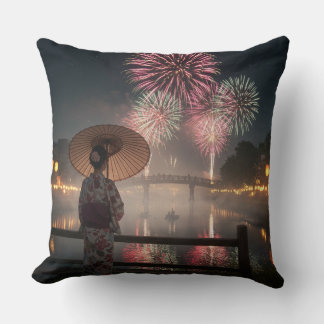 Fireworks bloom in the night sky throw pillow