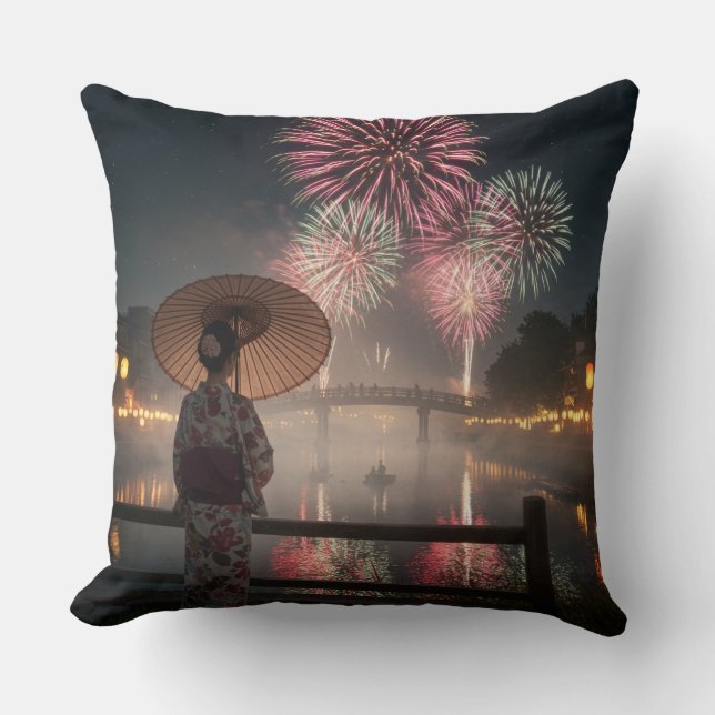 Fireworks bloom in the night sky throw pillow (Front)
