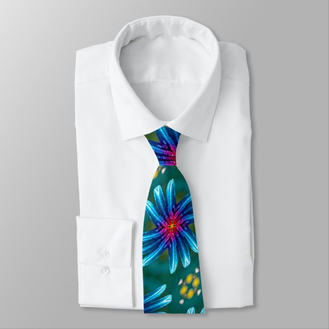 Fireworks Blue Flowers Pattern Neck Tie (Tied)