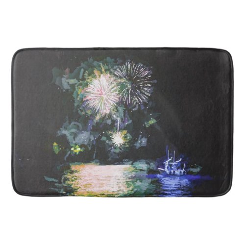 Fireworks Boat Artsy Watercolor Ocean Evening  Bath Mat