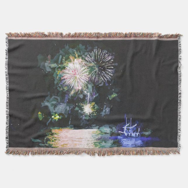 Fireworks Boat Artsy Watercolor Ocean Throw Blanket (Front)