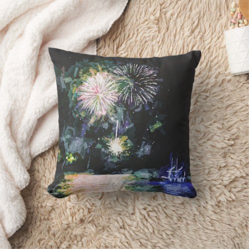 Fireworks Boat Artsy Watercolor Ocean Throw Pillow