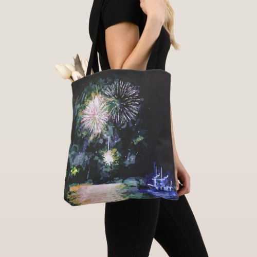 Fireworks Boat Artsy Watercolor Ocean Tote Bag