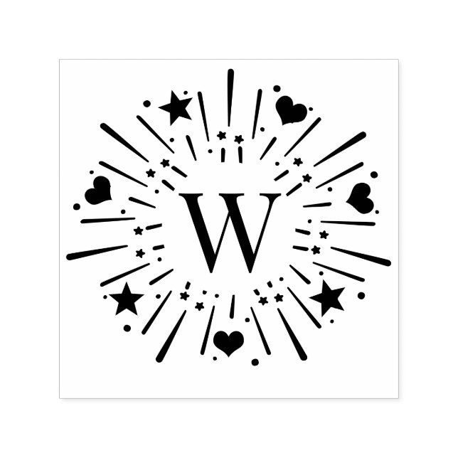 Fireworks Burst Stars Hearts Center 1 Initial #2 Self-inking Stamp (Design)
