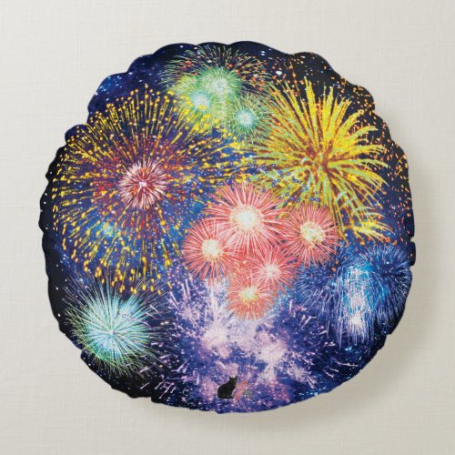 Fireworks Bursts Round Pillow