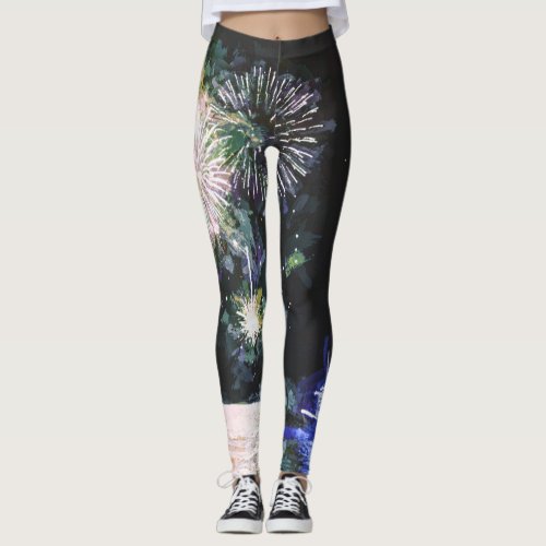 Fireworks Celebrate Boat Watercolor Ocean  Leggings