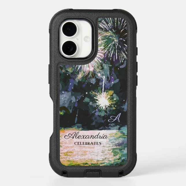 Fireworks Celebrate Boat Watercolor Personalize Otterbox iPhone Case (Back)