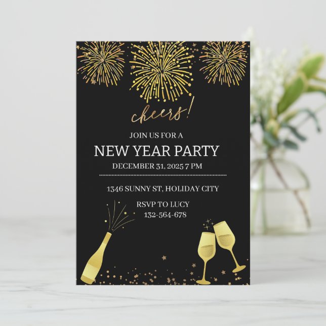 Fireworks Champagne New Year Party Invitation (Standing Front)