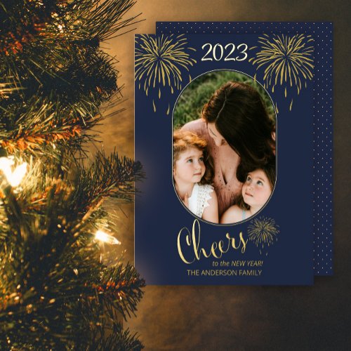 Fireworks Cheers to the New Year 2023 Photo Gold F Foil Holiday Card