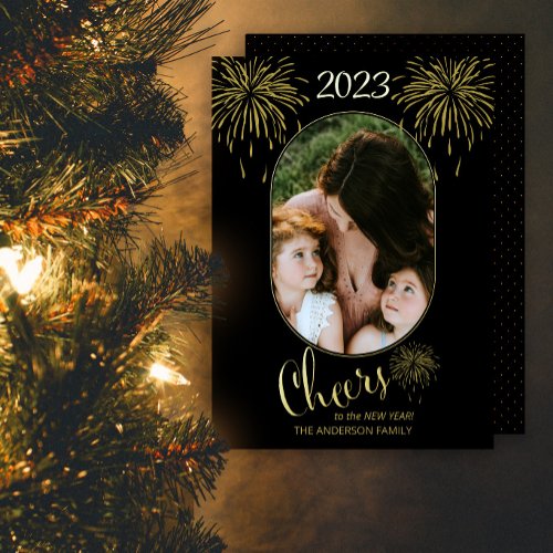 Fireworks Cheers to the New Year 2023 Photo Gold Foil Holiday Card