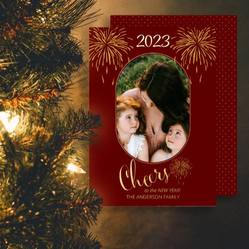 Fireworks Cheers to the New Year 2023 Photo Gold Foil Holiday Card