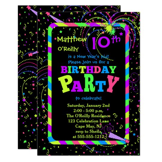 fireworks confetti new year s 10th birthday party invitation