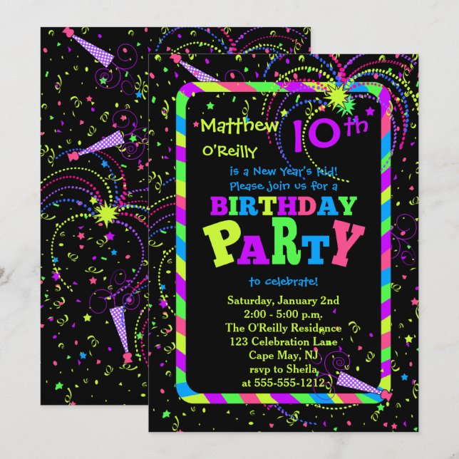 Fireworks Confetti New Year's 10th Birthday Party Invitation (Front/Back)