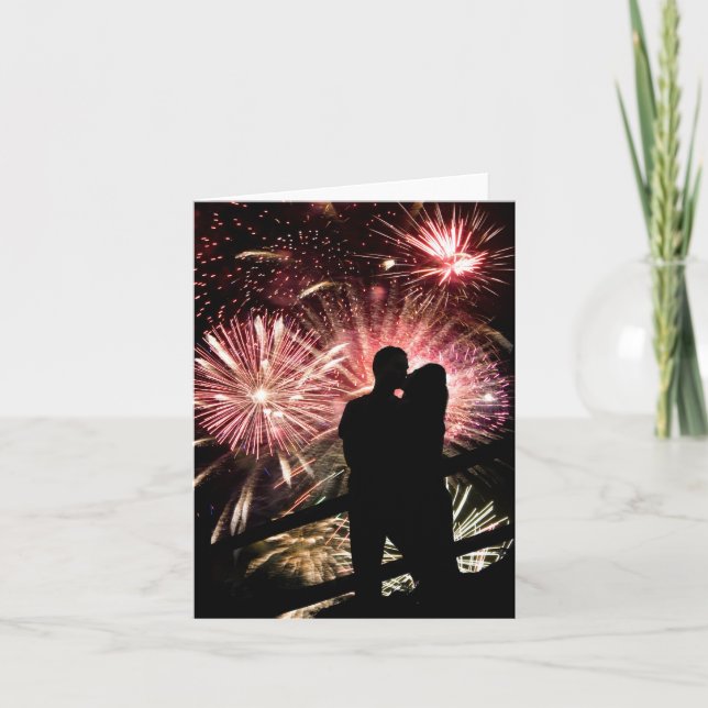 Fireworks Couple Kissing Silhouette Card (Front)