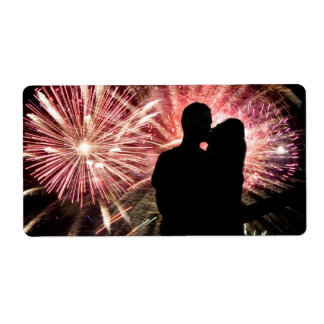 Fireworks Couple Kissing Silhouette Label