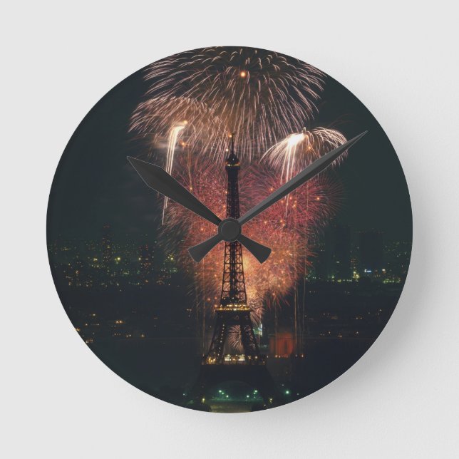 Fireworks, Eiffel Tower, Paris, France Round Clock (Front)