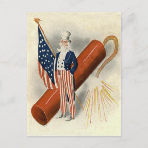 Fireworks Firecracker Uncle Sam US Flag Postcard