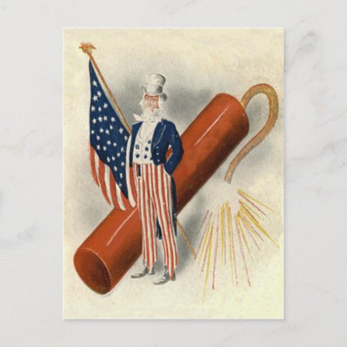 Fireworks Firecracker Uncle Sam US Flag Postcard