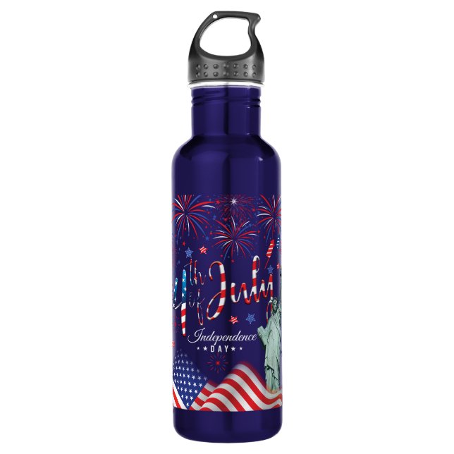Fireworks Fourth Of July With The Statue Of Libert Stainless Steel Water Bottle (Front)