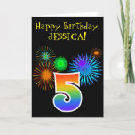 [ Thumbnail: Fireworks Fun + Rainbow Pattern "5" Birthday # Card ]