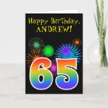 [ Thumbnail: Fireworks Fun + Rainbow Pattern "65" Birthday # Card ]