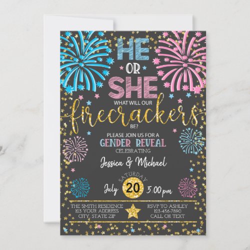 Fireworks Gender Reveal Invitation Twins Multiples