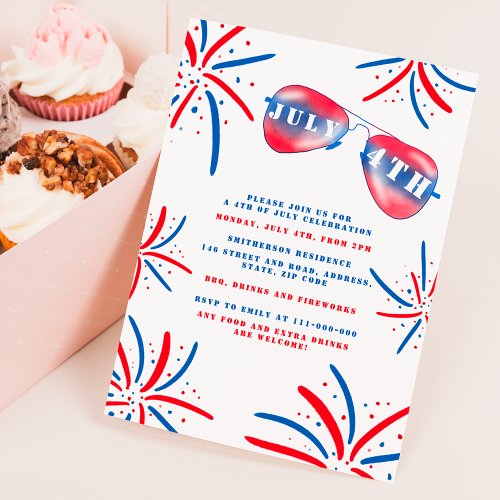 Fireworks glasses stripes watercolor 4th of July Invitation