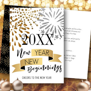 Fireworks Gold Glitter New Year New Beginnings Holiday Card