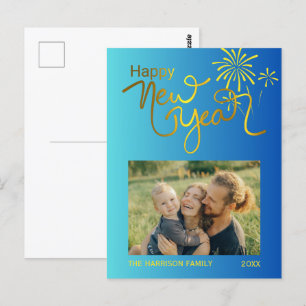 Fireworks Gold Happy New Year Photo Blue Gradient Postcard