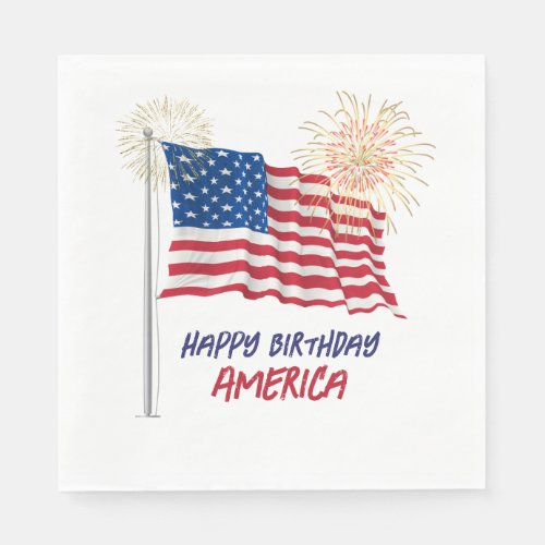 Fireworks Happy Birthday America and Flag Napkins