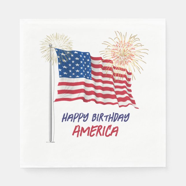 Fireworks Happy Birthday America and Flag Napkins (Front)