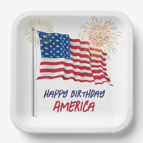 Fireworks Happy Birthday America and Flag Paper Plates