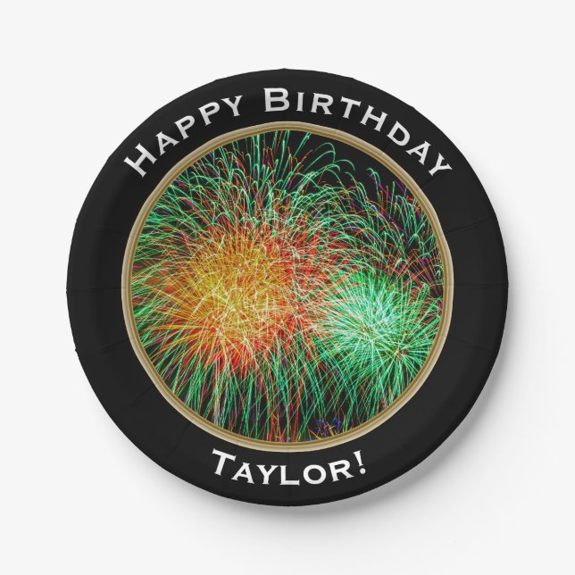 Fireworks Happy Birthday with Name Paper Plates (Front)