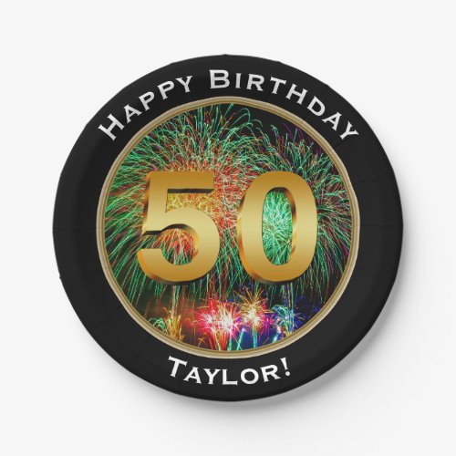 Fireworks Happy Fiftieth 50th Birthday with Name Paper Plates